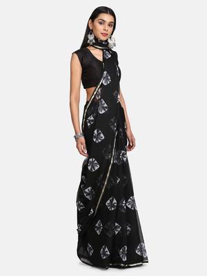 Black printed chiffon saree with blouse 1