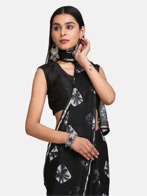 Black printed chiffon saree with blouse 4