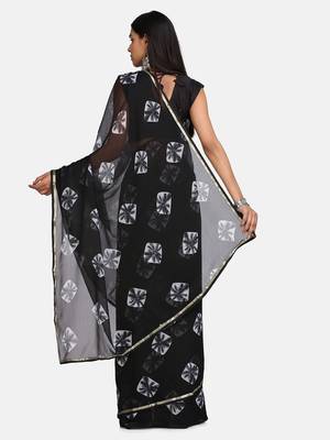 Black printed chiffon saree with blouse 5