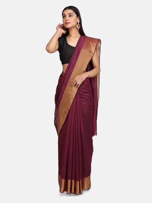 Maroon Woven Chanderi Silk Saree With Blouse 1