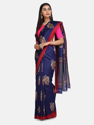 Blue Printed Poly Silk Saree With Blouse 1