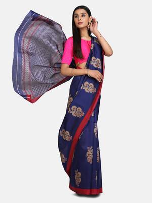 Blue Printed Poly Silk Saree With Blouse 3
