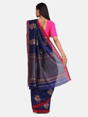 Blue Printed Poly Silk Saree With Blouse 4