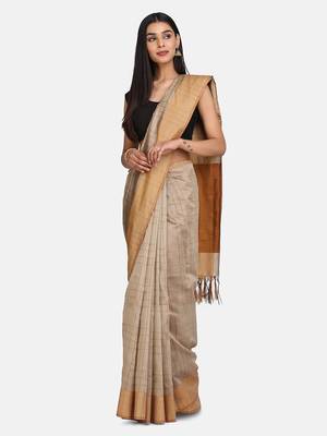 Beige Woven Cotton Silk Saree With Blouse 2