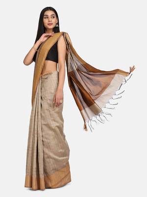 Beige Woven Cotton Silk Saree With Blouse 1