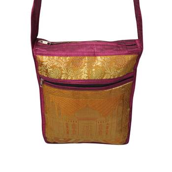 Lalhaveli Women Sling Bag for Wedding Gift Tajmahal Design Brocade Silk Girls Shoulder Handbag (Pink,10X15 Inch) 3