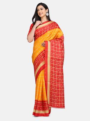 Red Printed Poly Silk Saree With Blouse 3