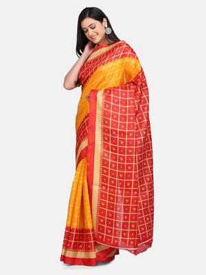 Red Printed Poly Silk Saree With Blouse 4