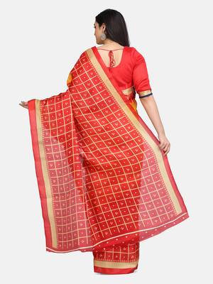 Red Printed Poly Silk Saree With Blouse 5