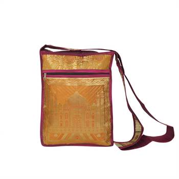 Lalhaveli Women Sling Bag for Wedding Gift Tajmahal Design Brocade Silk Girls Shoulder Handbag (Pink,10X15 Inch) 4