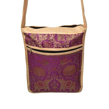 Lalhaveli Elephant Design Brocade Silk Women Sling Cross Body Bag Wedding Gift Shoulder Bag (Beige,10X15 Inch) 3