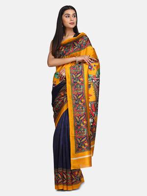Blue And Mustard   Plain Silk Blend Saree With Blouse 1