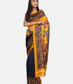 Blue And Mustard   Plain Silk Blend Saree With Blouse