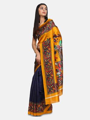 Blue And Mustard   Plain Silk Blend Saree With Blouse 3
