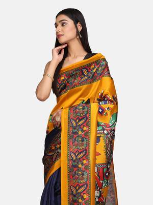 Blue And Mustard   Plain Silk Blend Saree With Blouse 4