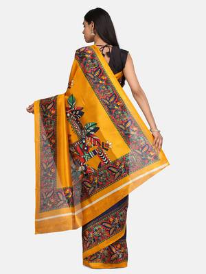 Blue And Mustard   Plain Silk Blend Saree With Blouse 5