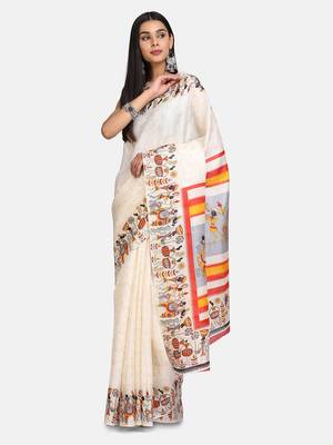 Off White Printed Art Silk Saree With Blouse 1