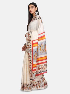 Off White Printed Art Silk Saree With Blouse 3