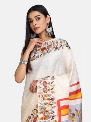 Off White Printed Art Silk Saree With Blouse 4
