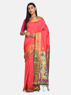Pink woven poly silk saree with blouse 1