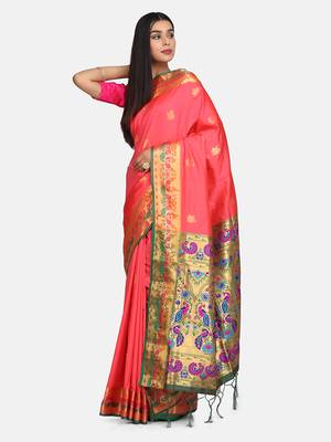 Pink woven poly silk saree with blouse 3