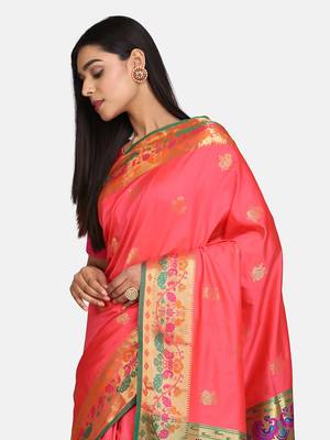 Pink woven poly silk saree with blouse 4