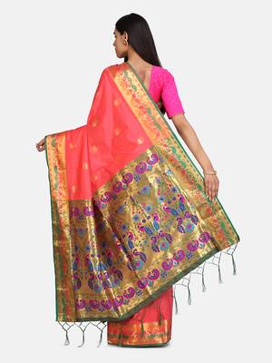 Pink woven poly silk saree with blouse 5