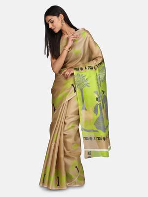 Beige Printed Art Silk Saree With Blouse 3