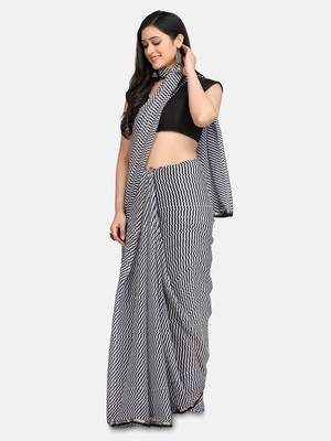 White Printed Chiffon Saree With Blouse 1