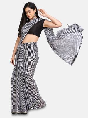 White Printed Chiffon Saree With Blouse 3