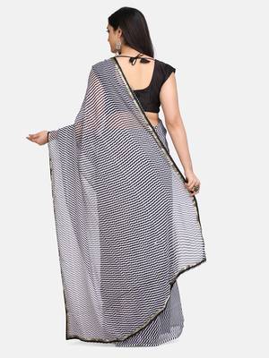 White Printed Chiffon Saree With Blouse 4