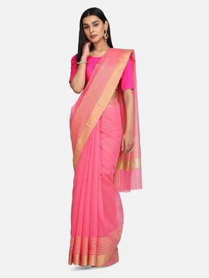 Pink Woven Cotton Silk Saree With Blouse 1