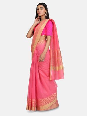 Pink Woven Cotton Silk Saree With Blouse 3