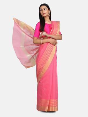 Pink Woven Cotton Silk Saree With Blouse 4