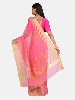 Pink Woven Cotton Silk Saree With Blouse 5