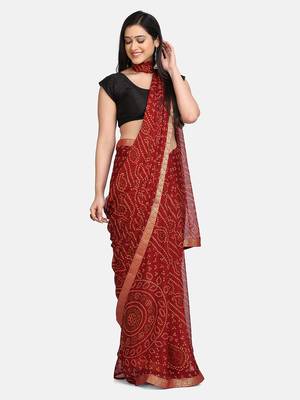 Maroon printed chiffon saree with blouse 4