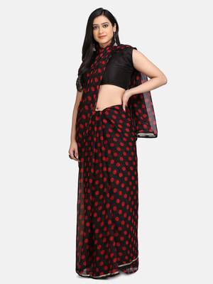 Black Printed Chiffon Saree With Blouse 3
