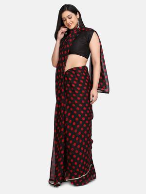 Black Printed Chiffon Saree With Blouse 4