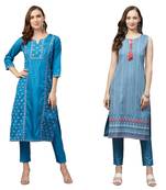 Blue printed art silk combo-kurtis