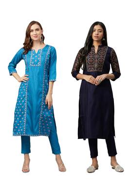 Blue printed art silk combo-kurtis 1