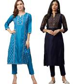 Blue printed art silk combo-kurtis