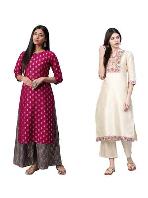 Beige printed art silk combo-kurtis 1