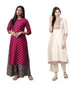 Beige printed art silk combo-kurtis