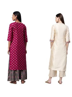 Beige printed art silk combo-kurtis 2