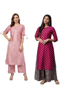 Pink printed art silk combo-kurtis 1