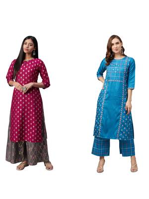 Blue printed art silk combo-kurtis 1