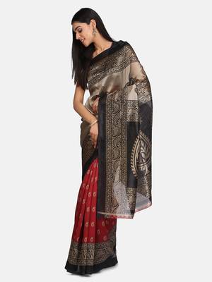 Red Printed Poly Silk Saree With Blouse 3