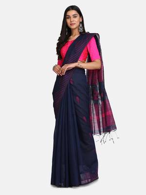 navy Blue Triangle Design Hand Weaven Cotton Silk Handloom Saree With Blouse 1