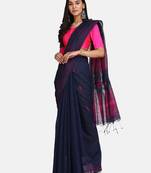 navy Blue Triangle Design Hand Weaven Cotton Silk Handloom Saree With Blouse