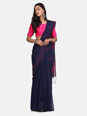 navy Blue Triangle Design Hand Weaven Cotton Silk Handloom Saree With Blouse 3